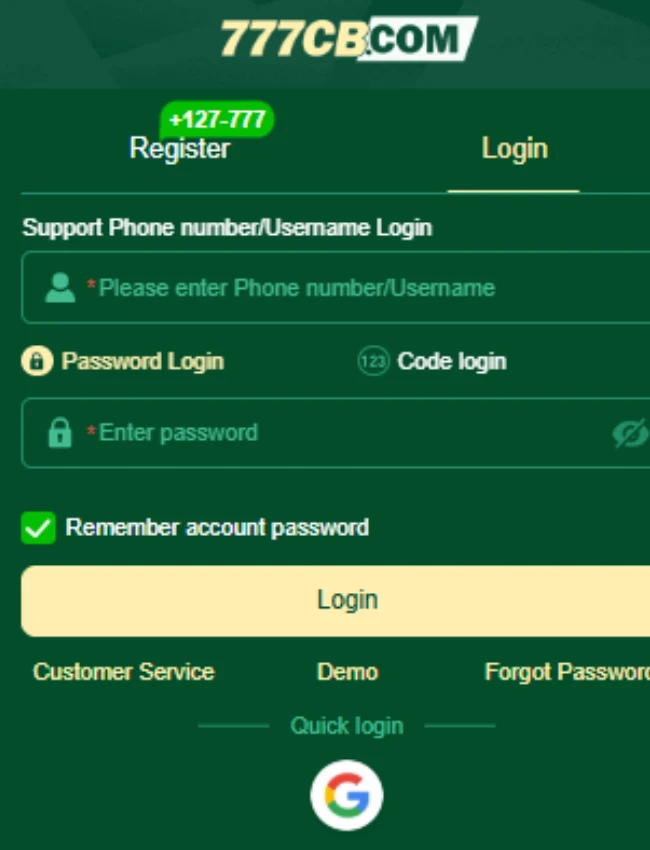 777CB Game login and registration screen showing username, password fields, and quick login options.