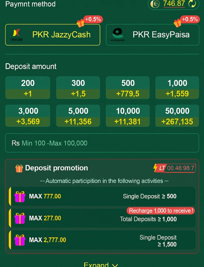 777XP Game deposit screen showing payment methods, deposit amounts, and promotional bonuses via JazzCash and EasyPaisa.