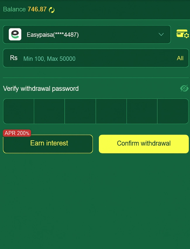 777XP Game withdrawal interface showing Easypaisa account option, withdrawal amount limit, and password verification fields.