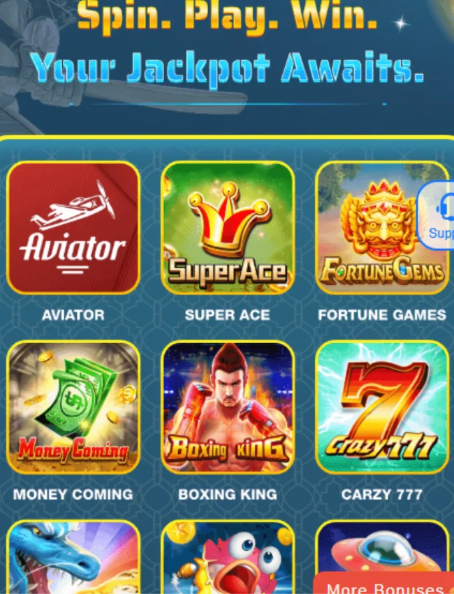 777E Game featuring popular titles like Aviator, Super Ace, Fortune Gems, Money Coming, and Boxing King.