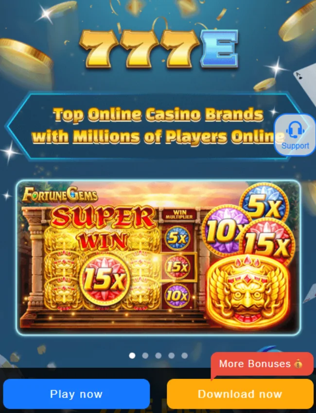 777E Game showing Fortune Gems slot with Super Win rewards and play or download options.