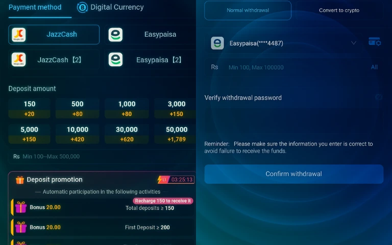 7VV Bet Game deposit and withdrawal screen showing JazzCash and Easypaisa payment options with deposit bonuses and password verification for cashouts.