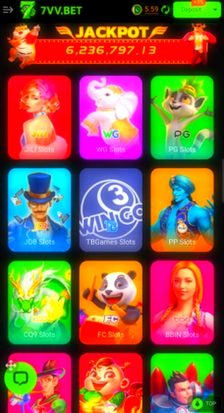 7VV Bet Game online casino home screen showing colorful slot game icons like JILI Slots, WG Slots, PG Slots, and more with a large jackpot banner on top.