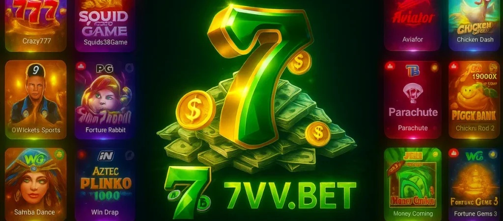 7VV Bet Game homepage showing various popular slot and arcade games with a large 7VV.BET logo in the center surrounded by cash and coins.