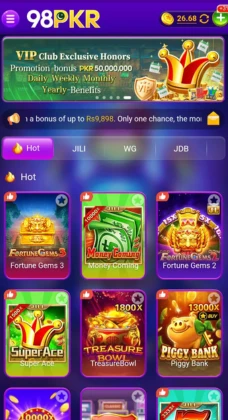 98PKR game app interface showing VIP rewards, bonus offers, and popular slot games.