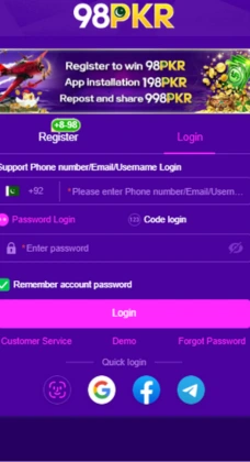 98PKR Game login screen showing phone number, email, and password fields for user sign-in.