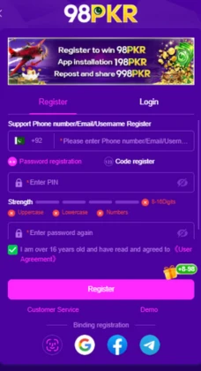 98PKR Game registration screen showing phone number, email, and password setup options for new users.