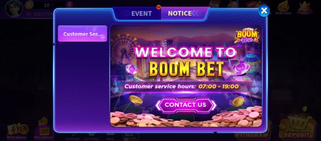 The Boom Bet Game welcome screen shows customer service hours and contact options.