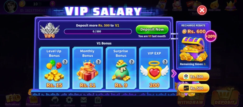 Boom Bet Game VIP Salary screen showing VIP0 status, Rs. 500 deposit requirement to reach VIP1, and bonuses like Level Up Bonus Rs. 15, Monthly Bonus Rs. 11, Surprise Bonus Rs. 9, and 200 VIP EXP with recharge rebate of Rs. 600 (+20%).