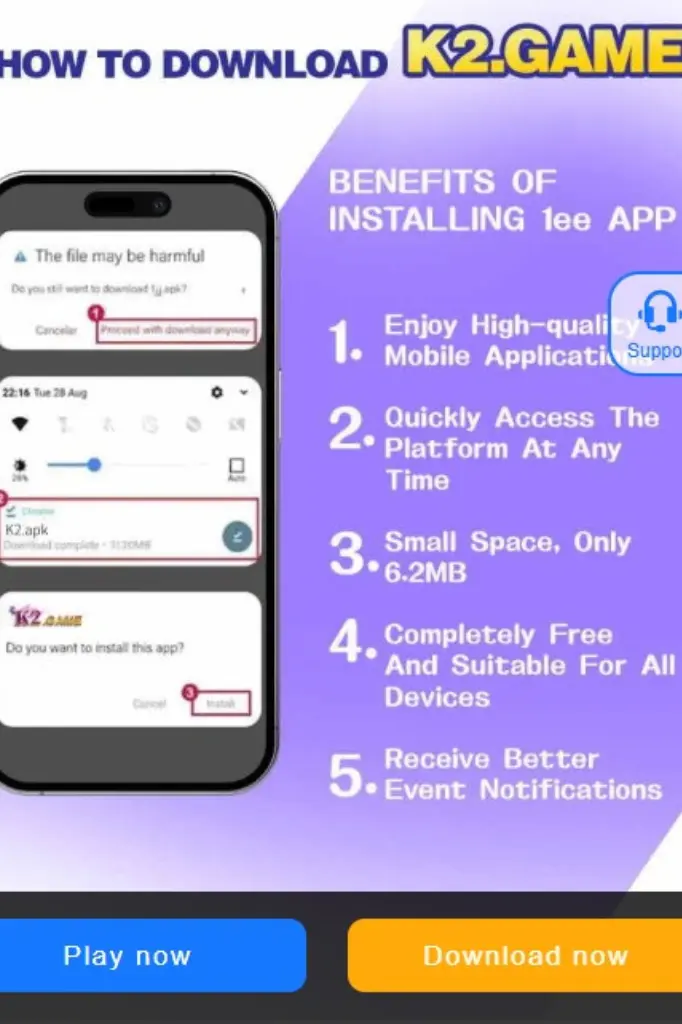 Instructional image showing how to download and install the K2.Game mobile app with listed benefits.