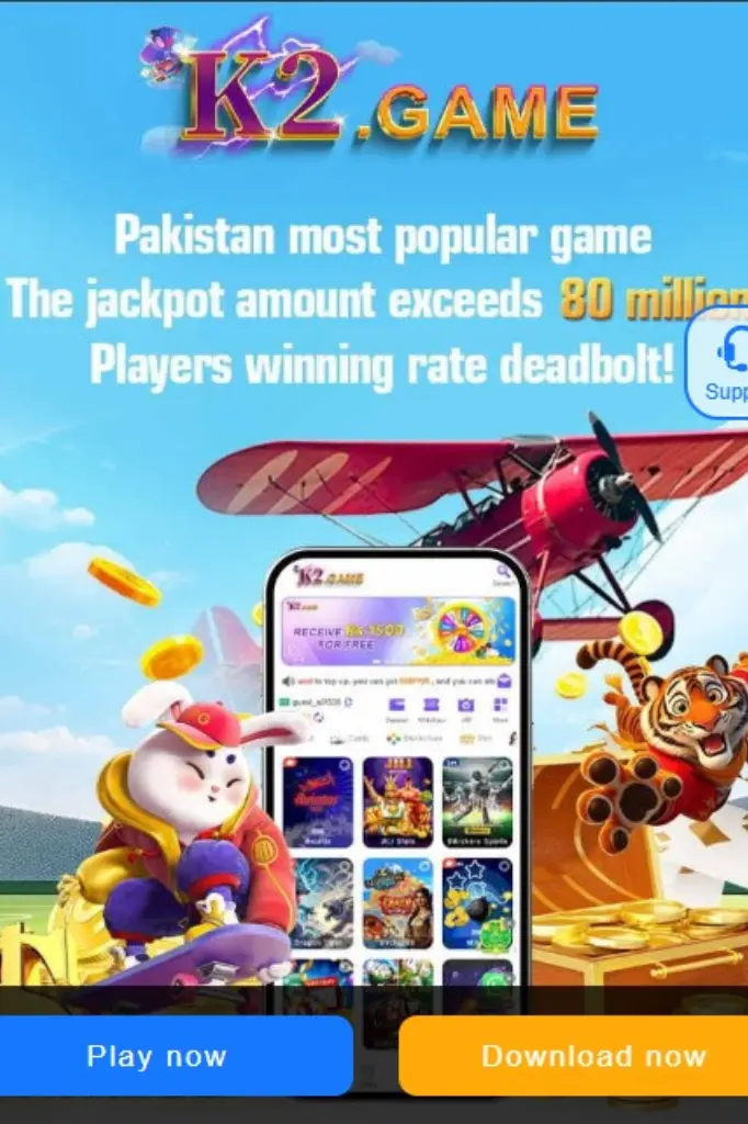 K2 Game promotional banner with jackpot details, cartoon rabbit, tiger, and mobile app interface