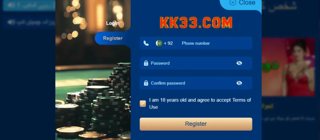 KK33 Game registration page showing fields for phone number, password, and confirm password with a casino chips background.