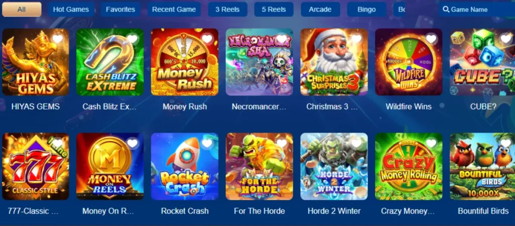 KK33 Game – a colorful gaming lobby showing multiple slot and arcade games like HIYAS GEMS, Money Rush, Rocket Crash, and Crazy Money Rolling.