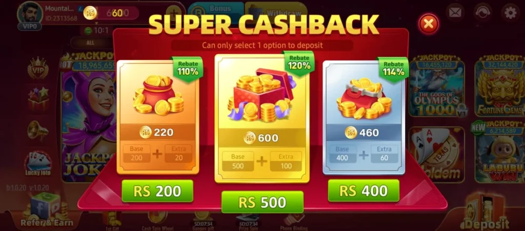 LuckWinner 777 Game cashback screen showing deposit options with rebates of 110%, 114%, and 120%.
