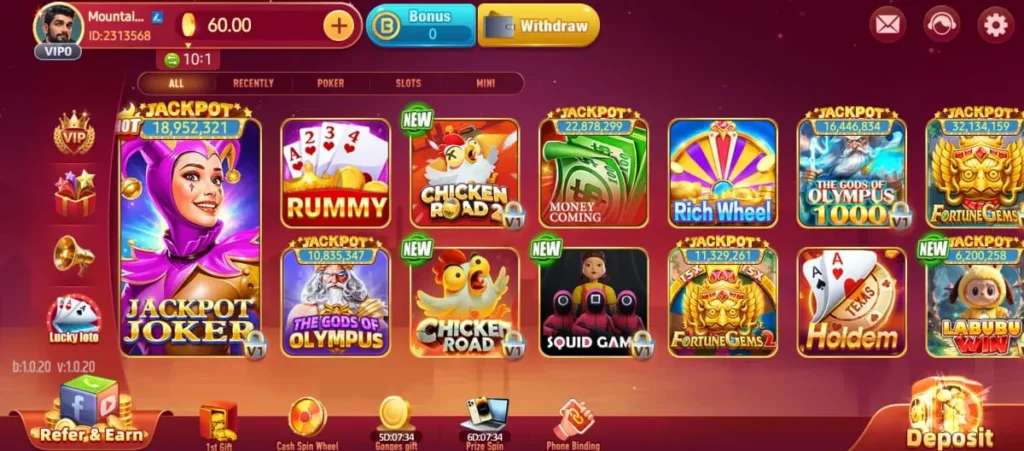 LuckWinner 777 Game lobby screen showing popular games like Jackpot Joker, Rummy, Chicken Road, Squid Game, Fortune Gems, and more with jackpot amounts.