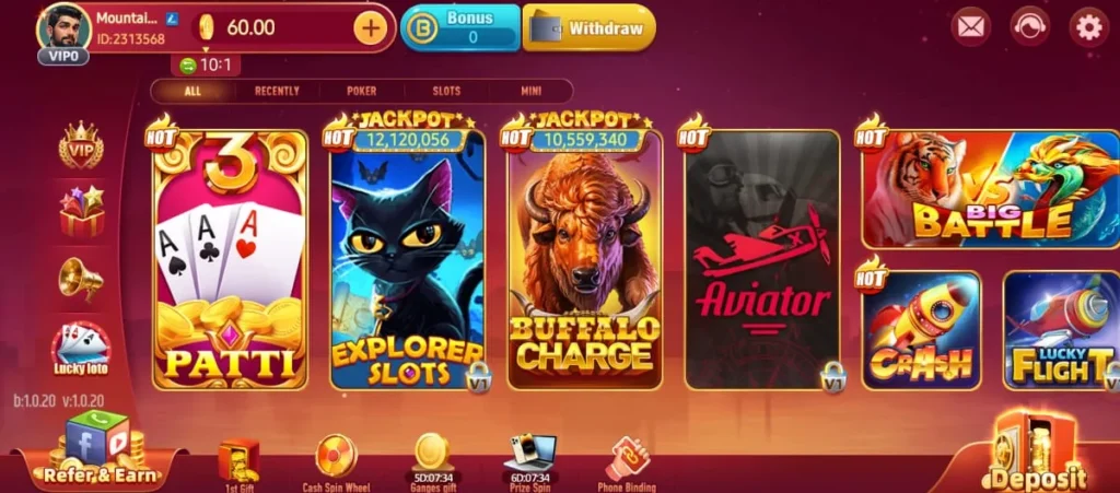 LuckWinner 777 Game screenshot showing 3 Patti, Explorer Slots, Buffalo Charge, Aviator, Big Battle, Crash, and Lucky Flight games.