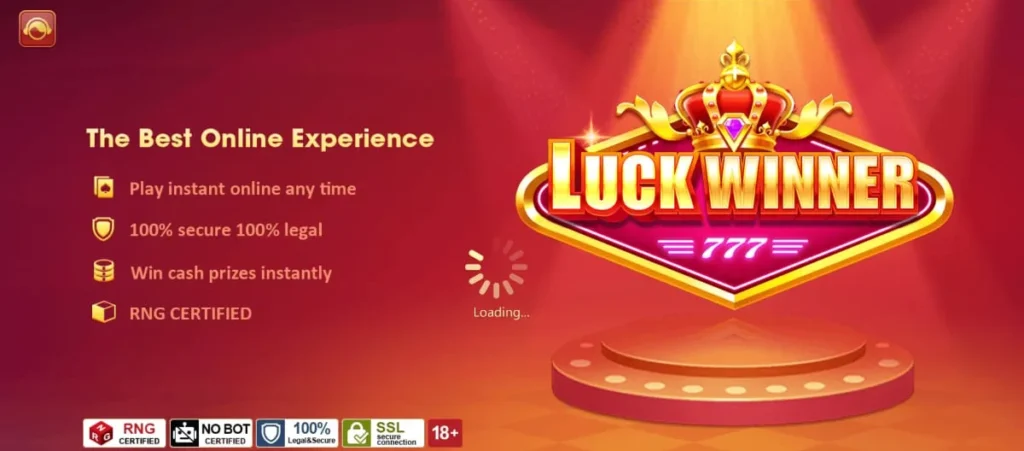 LuckWinner 777 Game main banner with crown logo, spotlight stage, and features like secure play, instant prizes, and RNG certification.