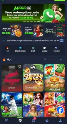 Screenshot of M666 Game app interface showing popular games and bonuses