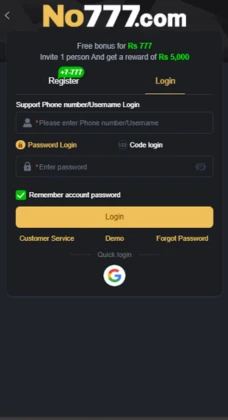 No777 Game login page showing username and password fields with Rs 777 bonus offer and Google quick login option.