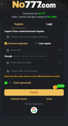 No777 Game registration page showing user sign-up form with bonus offer of Rs 777 and Google binding option.