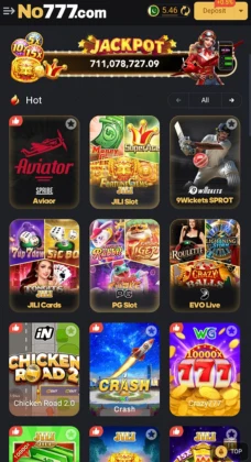 No777 Game featuring hot casino and slot games like Aviator, JILI Slot, PG Slot, and Crazy777 with a live jackpot banner.