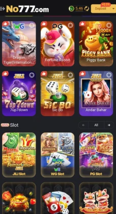 No777 Game showing popular casino and slot games like Dragon Tiger, Fortune Rabbit, Piggy Bank, and Sic Bo.