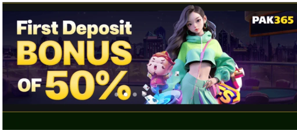 PAK365 Game 50% first deposit bonus promotion banner featuring a stylish animated girl and casino elements in the background.