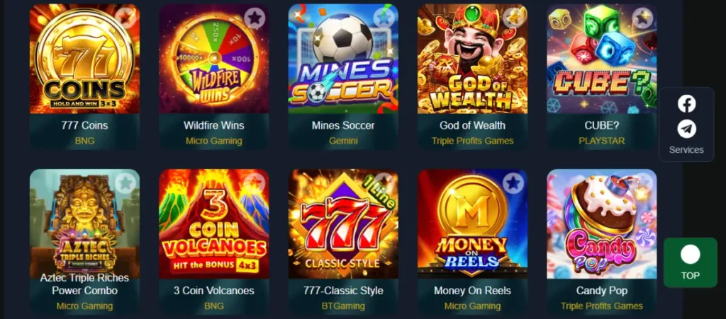 PAK365 Game collection showing popular games like 777 Coins, Wildfire Wins, and Candy Pop.