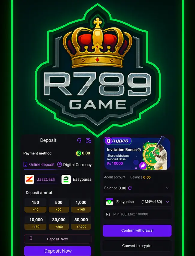 R789 Game app deposit and withdrawal interface showing payment options like JazzCash and Easypaisa with a royal crown logo.
