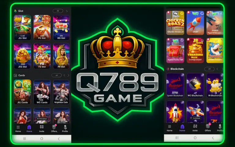 Q789 Game app interface showing various slot, card, and blockchain games with a royal crown logo in the center.