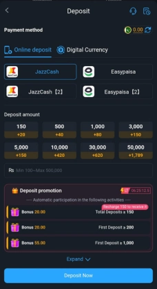 R789 Game deposit screen showing JazzCash and Easypaisa payment options with different bonus offers and deposit amounts.