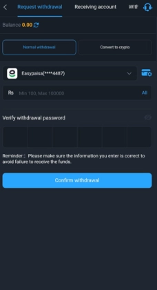 R789 Game withdrawal screen showing Easypaisa withdrawal option, balance details, and withdrawal password verification section.