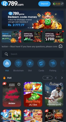 R789 Game online gaming app home screen showing categories like Hot, Blockchain, Slot, Cards, and Fishing along with featured games such as Aviator, JILI Slot, and 9Wickets Sports.