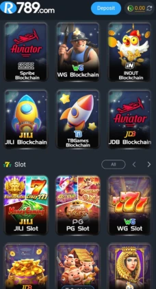 R789 Game interface showing blockchain and slot game categories including Aviator, WG Blockchain, INOUT Blockchain, JILI Slot, PG Slot, and WG Slot with colorful icons and titles.