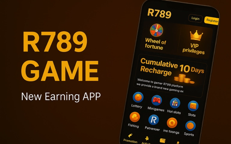 R789 Game app interface showing earning features like Wheel of Fortune, VIP privileges, and multiple gaming options on a dark-themed screen.