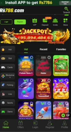 RS786 Game jackpot screen showing trending games and live rewards