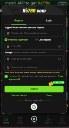 RS786 login and registration screen showing username, password, and quick Google login options.
