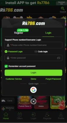 RS786 registration page showing fields for username, PIN, password, and name with the Google quick registration option.
