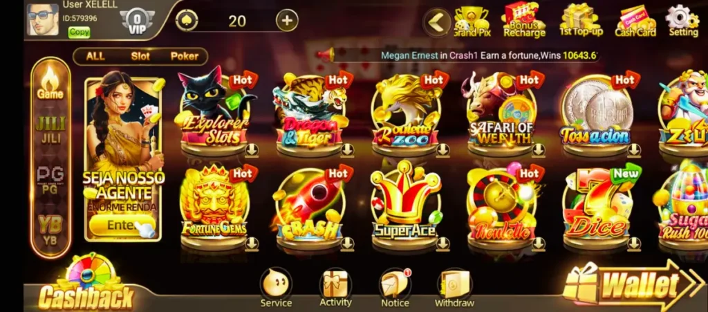 S77 game screenshot showing casino lobby with slots, poker, and card games