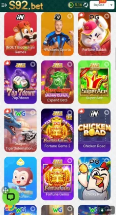 S92 Game screenshot showing various slot and betting games like Fortune Rabbit, Super Ace, and Chicken Road.