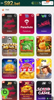 S92 Game screenshot showing popular casino and slot games like Aviator, Parachute, Money Coming, and Piggy Bank.