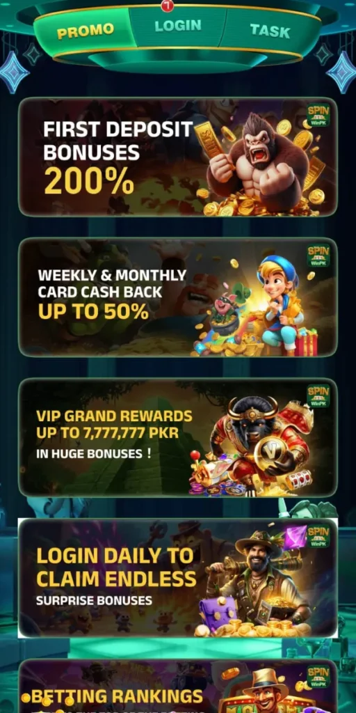 Spin WinPk promotional screen showcasing first deposit bonus 200%, weekly & monthly cashback, VIP grand rewards, and daily login surprise bonuses with animated characters and gold coins.
