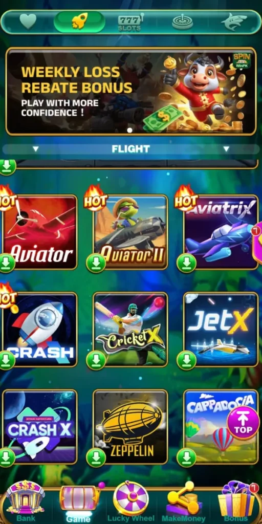 Spin WinPk flight game section featuring Aviator, JetX, and Cricket titles.