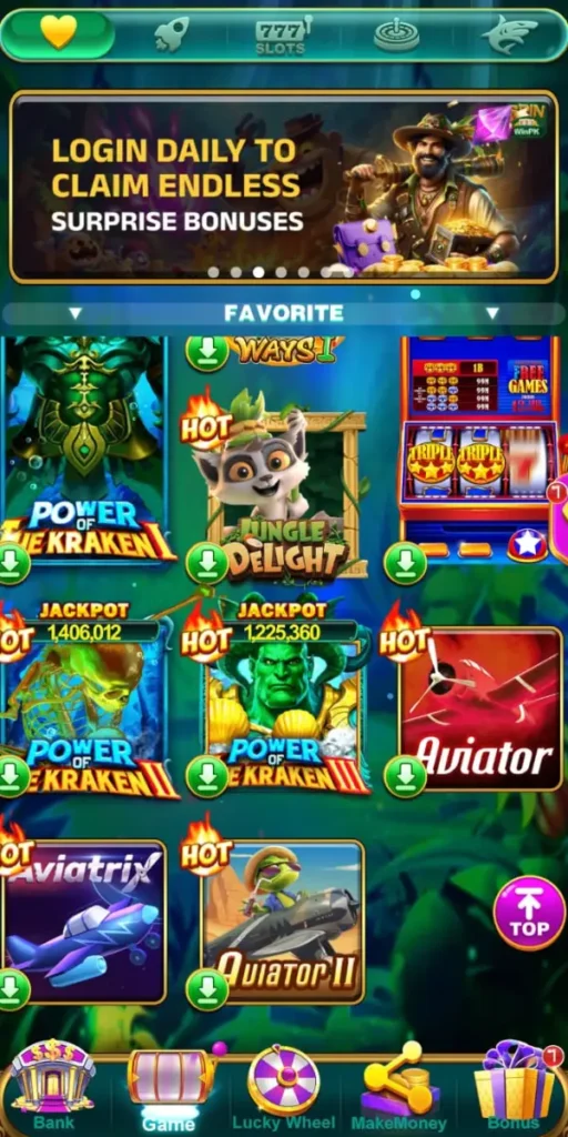 Spin WinPk game lobby showing popular slot and aviator games with bonus offers.