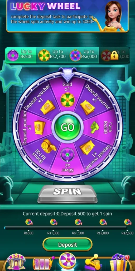 Spin WinPk lucky wheel interface showing deposit-based spin rewards including cash bonuses, gold, silver, deposit vouchers, and up to Rs 5000 prizes.