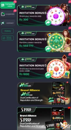 Z777 Game invitation bonus offers showing daily, random mission, and referral rewards with amounts up to Rs 1000 and brand alliances with H555 and P999.