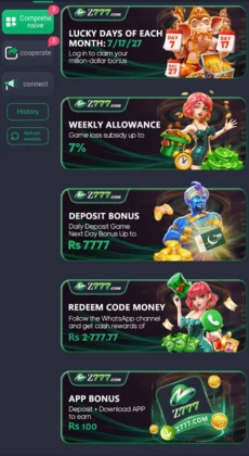 Z777 Game bonus offers including lucky day rewards, weekly allowance, deposit bonus, redeem code money, and app download bonus with attractive visuals.