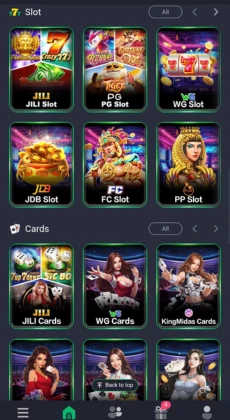 Z777 Game slot and card game categories showing JILI, PG, WG, JDB, FC, and PP slots with attractive visuals and easy navigation.