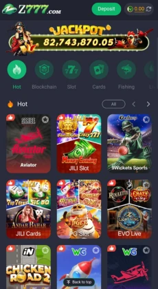 Z777 Game app interface showing jackpot banner and popular casino games like Aviator, JILI Slot, and EVO Live.