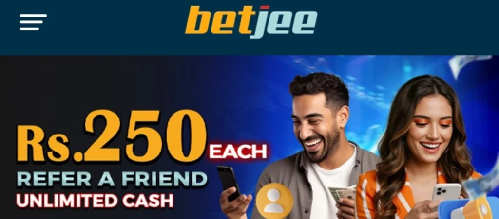BETJee App Download Best (Online Earning Game) in 2025 4 BetJee referral offer banner showing two people smiling while using their phones, promoting Rs. 250 each for referring a friend.